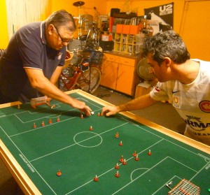 Adrian on a foray forward, thwarted by Steve's defences this time. 