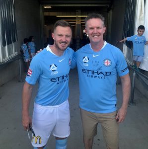 Melbourne City FC captain Scott Jamieson, left, with Australian Table Football Association President Adrian Connolly prior to his diagnosis.